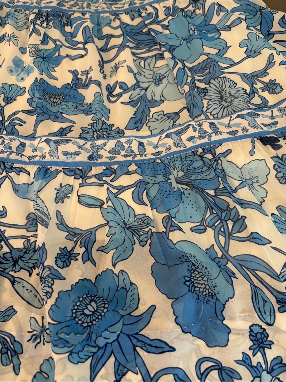 Gretchen Scott Blue Floral V-Neck Tiered Dress Maxi XS Frolic Birds Butterfly - Picture 3 of 12
